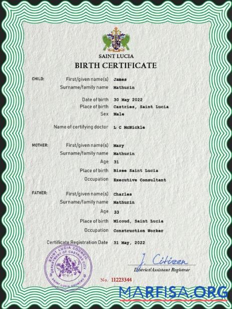 Downloadable Saint Lucia vital record birth certificate PSD template